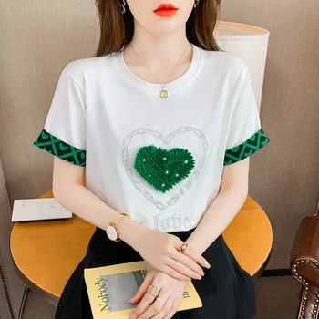 2023 Nové Letné kórejské Oblečenie Bavlna Voľné T-Shirt Ženy Sexy Chic O-Krku 3D Kvet Lesklé Diamanty Topy Krátky Rukáv Tees 34297