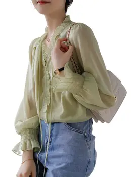 2023 Nové Letné Ženy Rayon tvaru Rozstrapatené Dlhé Rukávy Top Fashion Bežné Vintage Tenké Priedušné Tričko