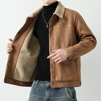 Baránok fleece 2023 jeseň/zima klope nový farba bunda pánske bežné nákladné kabát mužov