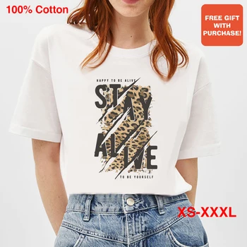 BLINGPAW Feministické T Shirt Zostať Nažive Vintage Leopard Tlač Ženy Biela Základné Topy & Tees 100% Bavlny Značky Dámske Tričko Košele