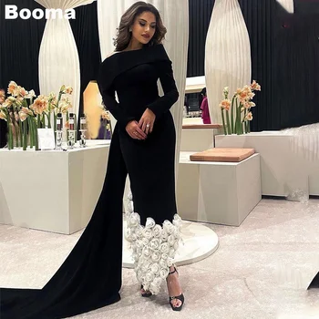 Booma Black Morská víla Večerné Šaty Dlhé Rukávy 3D Kvety Formálne Príležitosti Šaty pre Ženy Členok Dĺžka Strany Prom Šaty Dubaj