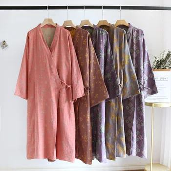 Dvojité Žakárové Bavlna Japonsko Kimono Sleepwear dámske Šaty, Dlhé Rukávy Župan Ženský Odev Šaty Lady Nightgown Salónik