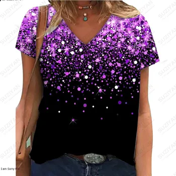 Dámske Krátke Rukáv V Krku Príležitostné Voľné Veľké Sequin Vzor T-shirt 2023 Hot Predaj Ulici 3D Tlač Krátke Sleeve T-shirt
