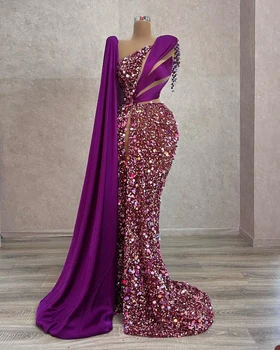 Elegantné Fialové Večerné Šaty Sequin Strapec Prom Šaty Jedno Rameno Strane Split Svadobné Party Šaty Plus Veľkosť Prispôsobenie
