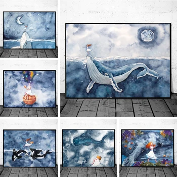 Fantasy Veľryby a Dievča Plagáty a vzory, Moderné Fantazie Krajiny Plátno na Maľovanie na Stenu Umenie Obrázky Domov Bar Miestnosti Dekorácie