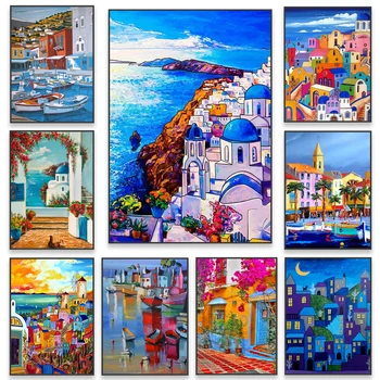 Farebné Santorini Olejomaľba Vytlačí Grécko Tichom Umenie Plagátu Moderné Seascape Spálňa Plátno Na Maľovanie Domov, Miestnosti Dekorácie