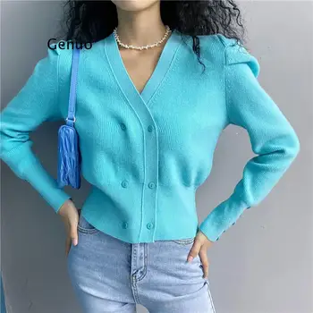 Francúzske retro sapphire blue V-krku sveter Západný štýl lístkového rukáv double-breasted sveter cardigan bunda ženy