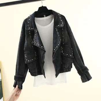 Harajuku Ženy Denim Jacket Nity Priateľ Bežné Študent Vrchné Oblečenie Denim Kabát Vintage Voľné Čierne Džínsy Bunda Streetwear