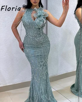 Jedinečný Dizajn arabčina Formálne Celebrity Šaty Zelené Korálkové Kryštály Mermaid Party Šaty Appliques Sequin Župan de Soiree Prom Šaty