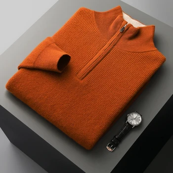 Jesenné a zimné nové pánske polo-vysoká krku zips, 100% čistá vlna pletený pulóver cashmere sveter teplej módy kabát