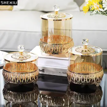 Kovové Sklo Candy Jar Transparentné Sklo s Krytom Nádrž Nádrž Luxusné Kvety, Obývacia Izba Stole Váza Dekorácie