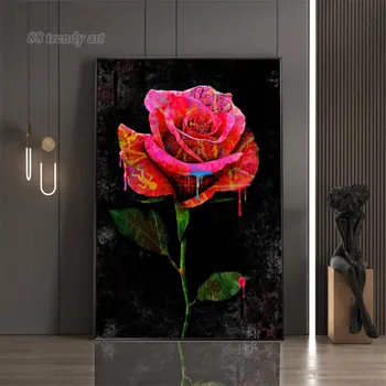 Kvapkanie Rose Abstraktné Umenie Plátno na Maľovanie Red Rose Graffiti Plagáty a Vytlačí Flower Street Pop Wall Art Obraz Domov Izba Dekor