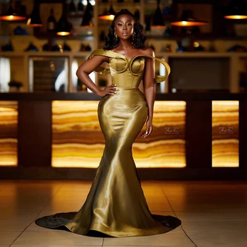 Lesklé Kovové Zlato Morská víla Prom Šaty, Elegantný 3D Ramena Afriky Formálne Šaty 2023 Nový Prísť Večer Party Šaty Plus