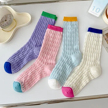 Letná Tenká Ženy Mid-trubice Ponožky Priedušná Oka Duté Z kórejskej Verzii Candy Farby Bežné A jemné Vlasové Ponožky