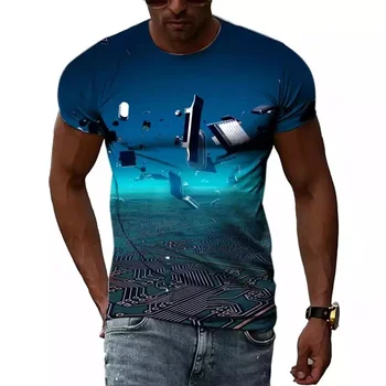 Letné Módy 3D Číslo Technológia Grafické T-Shirts Mužov Osobnosti Tlač Krátky Rukáv Topy Trend Harajuku Street Style Tees