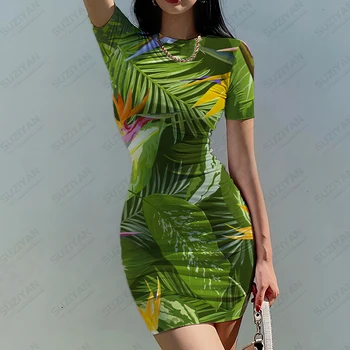 Letné nové lady slim šaty tropických rastlín 3D vytlačené lady slim šaty dovolenku štýl dámy štíhle šaty trend lady slim šaty