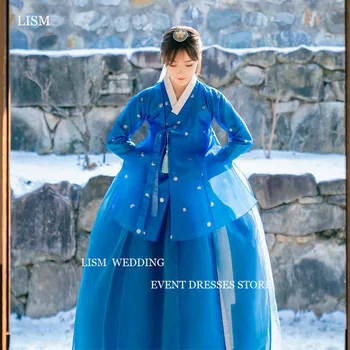 LISM Námornícka Modrá Tylu Kórea Hanbok Svadobné dapo chulik fotenie Dlhé Rukávy Organza tvaru Dĺžka Podlahy Formálne Príležitosti Šaty