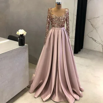 Luxusné Sequined Večerné Šaty 2022 pre Ženy, Dlhý rukáv Zlatíčko-line Saténové Svadobné Prom Party Šaty