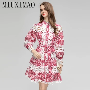 MIUXIMAO 2023 Jeseň Ženské Šaty Červené súkno Tlačiť Celý Rukáv Bežné Šaty Žien Vestidos Šifón Čipky Ozdoby Šaty