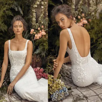 Morská Víla 2020 Svadobné Šaty Čipky Appliqued Luxusné Korálky Crystal Backless Svadobné Šaty Elegantné Boho Svadobné Šaty