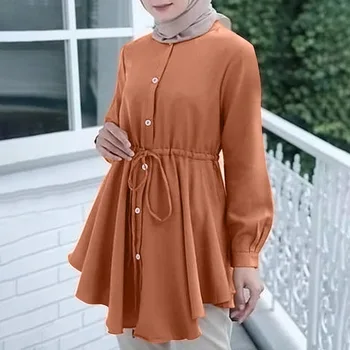 Moslimské dámske Tričko Šaty 2023 Jar Dlhý Rukáv Elegantný Mini Krátke Šaty Islamu v Turecku Žena Dlhá Blúzka Slim Topy