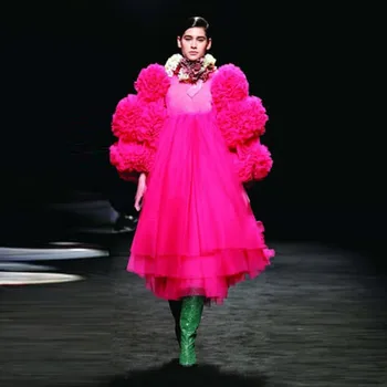 Módne Trendy Party Šaty Nafúknuté Rukávy Členok Dĺžka Svieži Narodeniny Nosiť Ženy Šaty Dlhé Fuchsia Pink