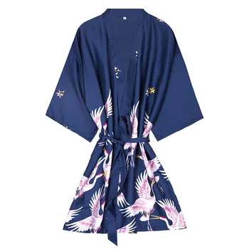 Nový Štýl tmavo Modré Dámske' Sexy Rayon Krátky Župan Ženy Elegantné Tlač Nightgowns Kimono Župan Kvet Nightdress Veľkosť M-XXL
