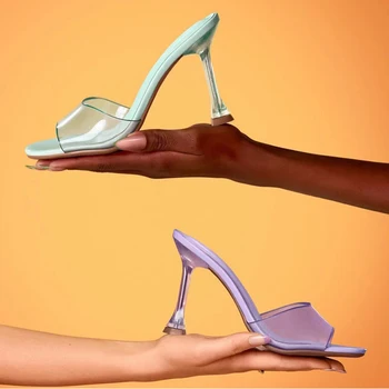 PVC Priehľadné Dámske Mule Papuče 2021 Nové Námestie Prst Dámy Crystal Päty Sandále Plus Veľkosť Topánky