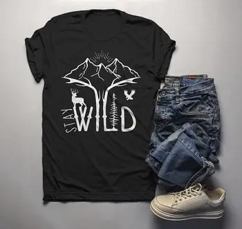 Pánske Lumbálna Pobyt Wild Tričko Horách T-Shirt Preskúmať Parohy Graphic Tee Tábor