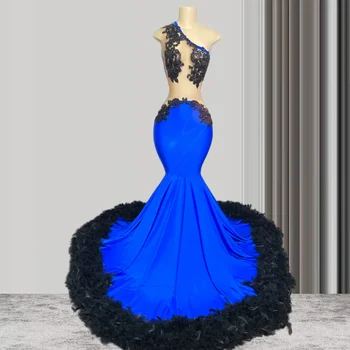 Royal Blue One-ramenný Dlhé Čierne Dievčatá Prom Šaty morskej panny Štýl Appliques Pierko Korálkové Prom Party Šaty