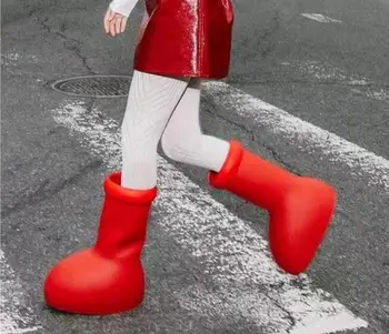 Roztomilý Kreslený Big Red Boot Ženy Unisex Hrubé Jediným Veľkým Okrúhlym Prst Ploché Gumové Jediným Pošmyknúť Na Dážď Vysoký Vrchol Topánky Chôdze Topánky Zobraziť