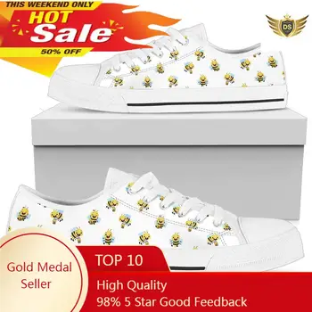 Roztomilý Včely Biele Topánky Vyšívané Plátno Jednej Topánky Ženy Klasické Krajky-up Kolo Prst Casul Tenisky Ženy Značky Dizajnér