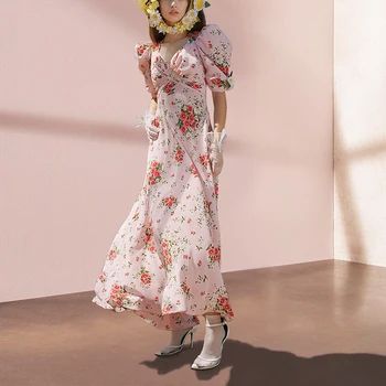 Ružová Kvetinová Vytlačené Maxi Šaty pre Ženy Vintage Lístkového Rukáv V krku Skladaný Šifón Šaty 2023 Dráhy Vestidos Longos