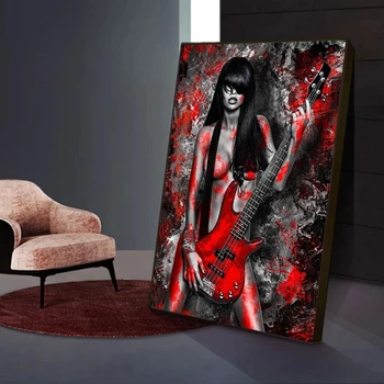 Sexy Žena s Gitarou Plagát a Vytlačí Graffiti Nahé Wall Art Plátno Modernej Maľby Nahých Obrázok pre Obývacia Izba Dekor