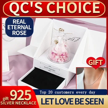 Skutočné Konzervované Kvet Ruže Anjel Darčeka Sklom Odtieň Šperky Box Valentína, Vianoce, Deň matiek, Party Láskavosti