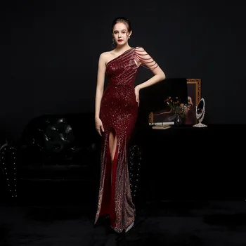 Vynikajúce Červené Víno Morská Víla Plus Veľkosť Večerné Šaty Jedno Rameno Vysoká Rozdeliť Lesklé Lištovanie Sequined Dlho Formálne Príležitosti Šaty