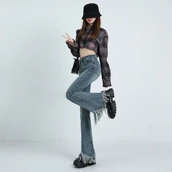 Vysoký pás džínsy sexy a hot girls úsek, slim design zmysel surové okraja retro džínsy Bell-dna žien veľké nohavice