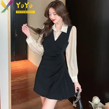 Yoyo Bingo Elegantné Formálne Black Stitched Dlhý Rukáv Skladaný Tričko Šaty 2023 Jeseň Fashion Slim Bodycon Bežné Kórejský Šaty