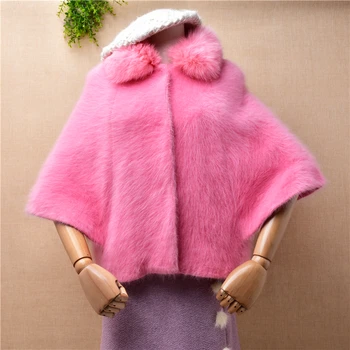 ženské ženy jeseň zima sladké ružové noriek cashmere pletené krátke batwing rukávy kožušiny golier voľné sveter vesta bunda, sveter