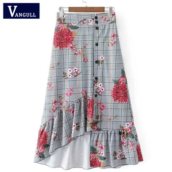 ženy kvetinový tlač koberčeky nepravidelný šitie volánikmi lem sukne vysoko elastický pás módne príliv sukne VANGULL 2018 leto, jar