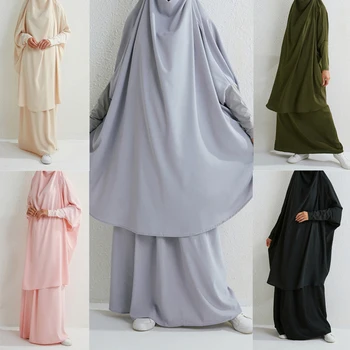 Ženy s Kapucňou Abaya 2 Kus Ramadánu Eid Moslimské Modlitby Odev Pevné Dlhé Khimar a Sukne Nastaviť Islam Oblečenie Dubaj Niqab Burka