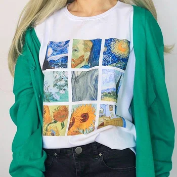 Ženy Van Gogh Maľba T-Shirt Tumblr Grunge Estetické Printed Tee Krátke Rukávy Biele Topy