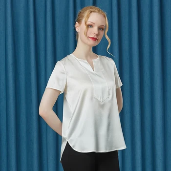 【Odbavenie Predaj] vyzýva Saténové, Hodvábne Biely tvaru Späť Skladaný Priedušná Voľné Micro-elastické B2123-Krátke rukávy Žena Tshirts