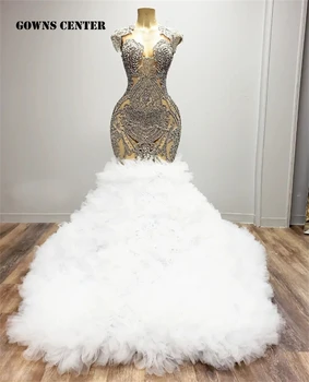 Bieleho Tylu Ruched Vlak Crystal Lištovanie Dlho Prom Šaty, Luxusné Maturitné Šaty Mermiad Party Šaty Svadobné vestidos de gala