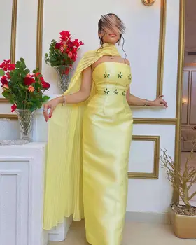 Santorini Žltá Prom Šaty bez Ramienok Kryštály Zips Späť Večerné Party Šaty s Zábal Vestidos De Noches Formálne Šaty